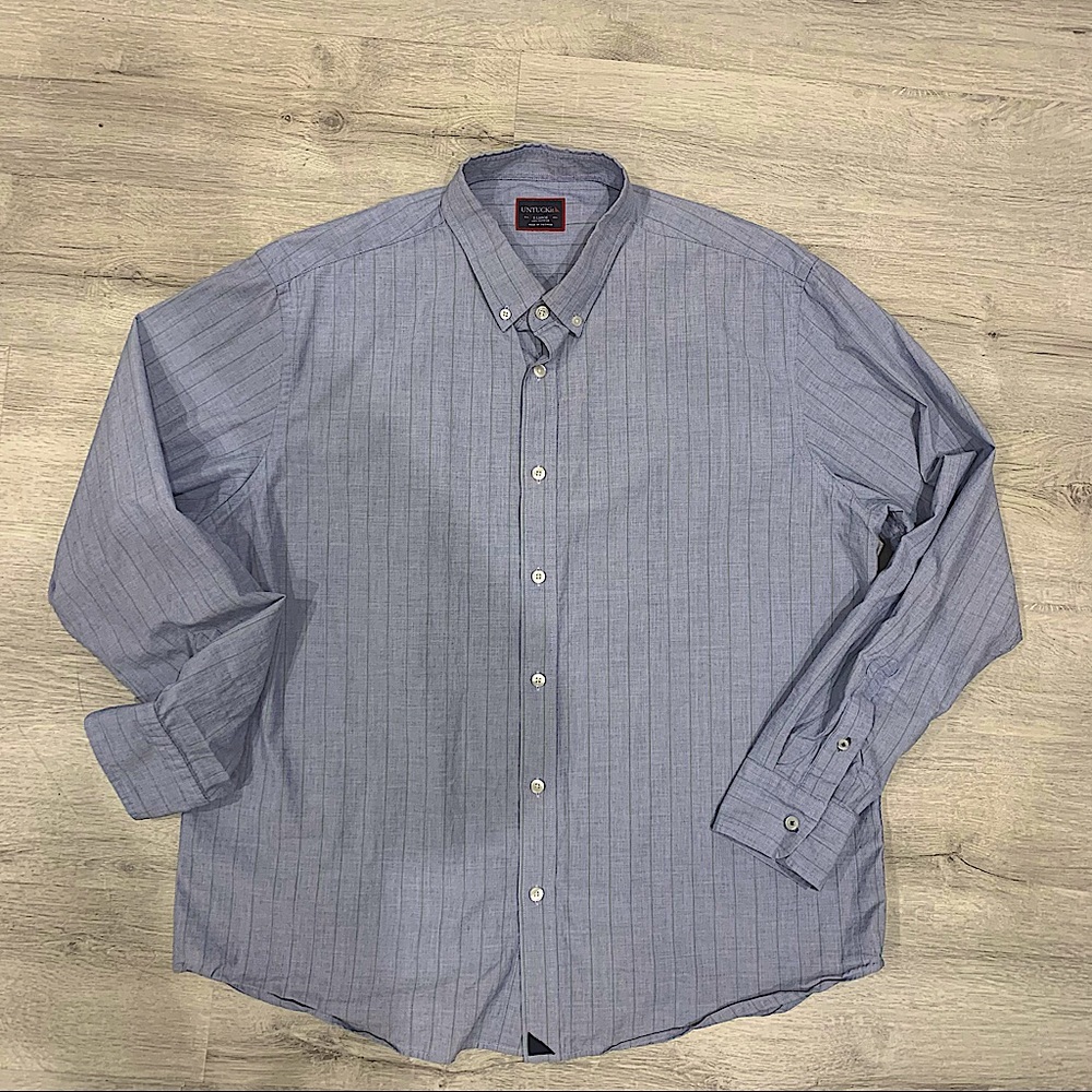 UnTuckit Cotton Navy Shirt with Green Pinstripes